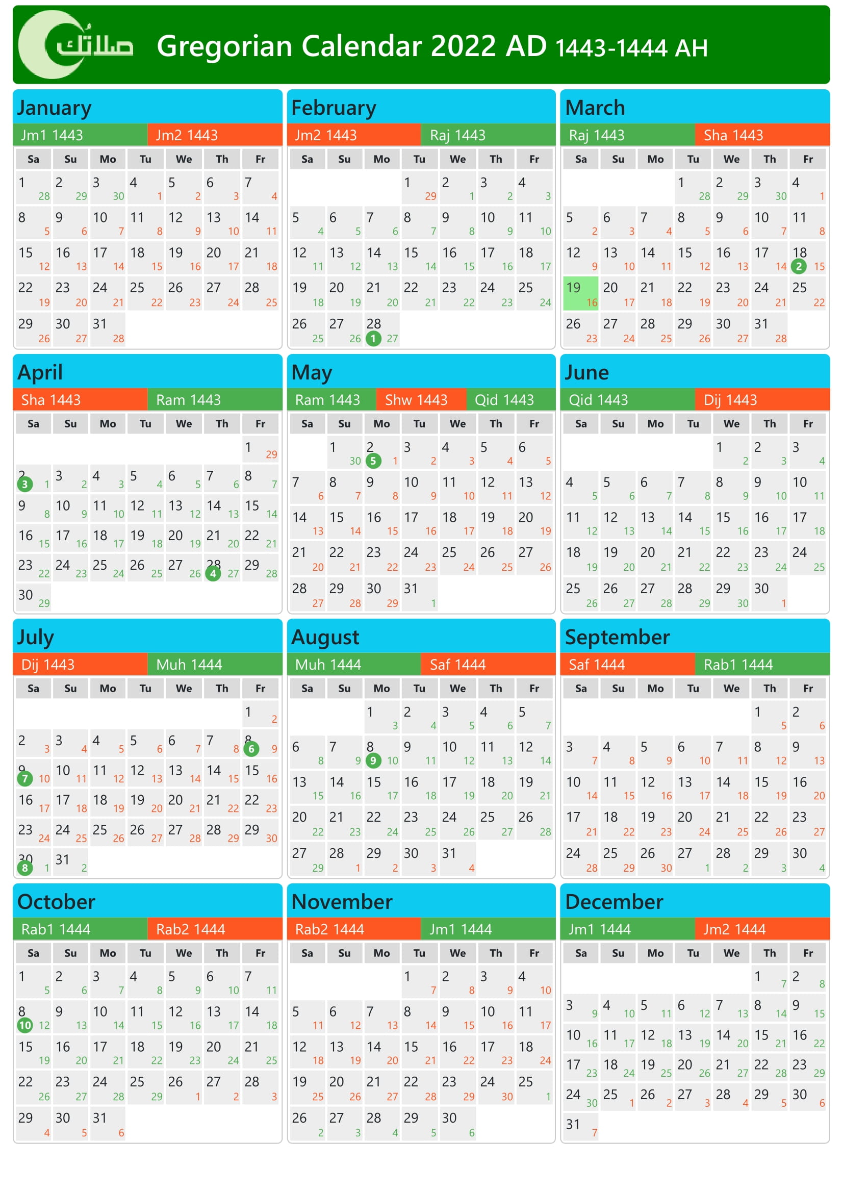 Gregorian Hijri Calendar 2018 (14391440) in India