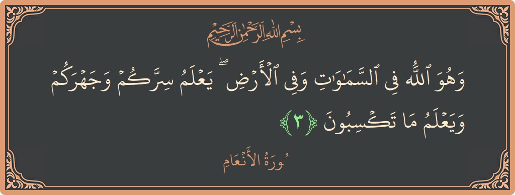 Verse 3 - Surah Al-An'aam: (وهو الله في السماوات وفي الأرض ۖ يعلم سركم وجهركم ويعلم ما تكسبون...) - English