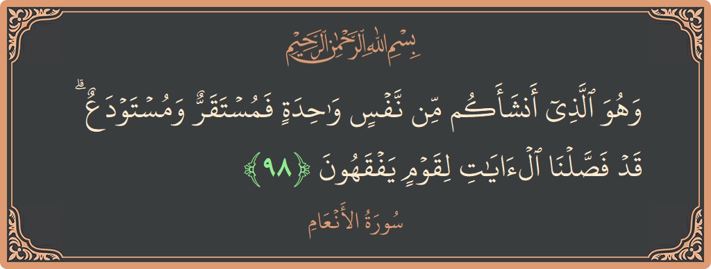 Verse 98 - Surah Al-An'aam: (وهو الذي أنشأكم من نفس واحدة فمستقر ومستودع ۗ قد فصلنا الآيات لقوم يفقهون...) - English