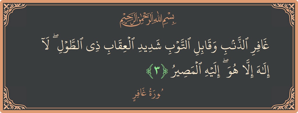 Verse 3 - Surah Al-Ghaafir: (غافر الذنب وقابل التوب شديد العقاب ذي الطول ۖ لا إله إلا هو ۖ إليه المصير...) - English