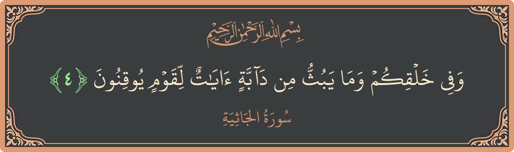 Verse 4 - Surah Al-Jaathiya: (وفي خلقكم وما يبث من دابة آيات لقوم يوقنون...) - English