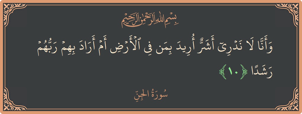 Verse 10 - Surah Al-Jinn: (وأنا لا ندري أشر أريد بمن في الأرض أم أراد بهم ربهم رشدا...) - English