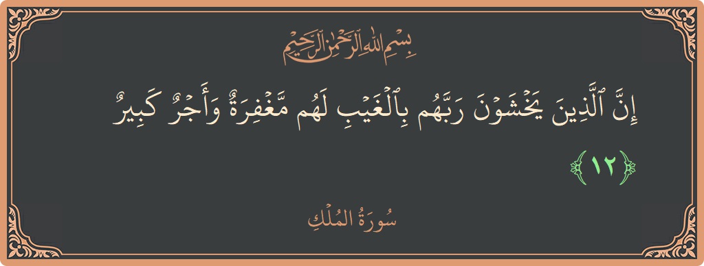 Verse 12 - Surah Al-Mulk: (إن الذين يخشون ربهم بالغيب لهم مغفرة وأجر كبير...) - English