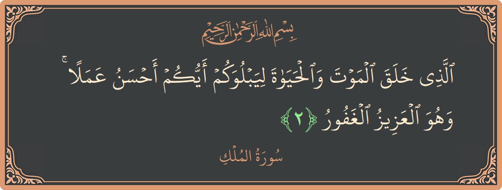Verse 2 - Surah Al-Mulk: (الذي خلق الموت والحياة ليبلوكم أيكم أحسن عملا ۚ وهو العزيز الغفور...) - English